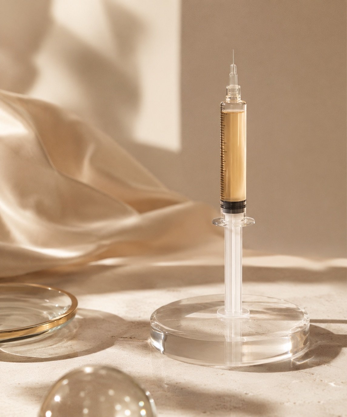 Amber PRF biofiller syringe and gel dish in moody studio light at DK Aesthetics Highland Park IL