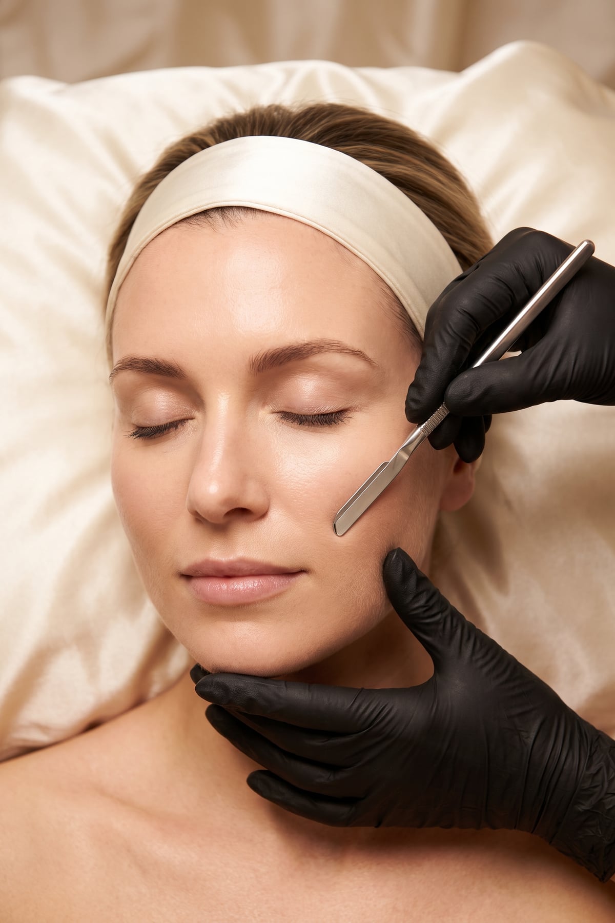 Dermaplaning blade gliding over the cheek for smooth, luminous skin at DK Aesthetics in Highland Park, IL
