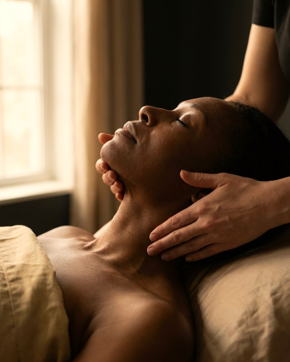 Hands-on work along the jawline and chin during the Classic Facial at DK Aesthetics Highland Park IL