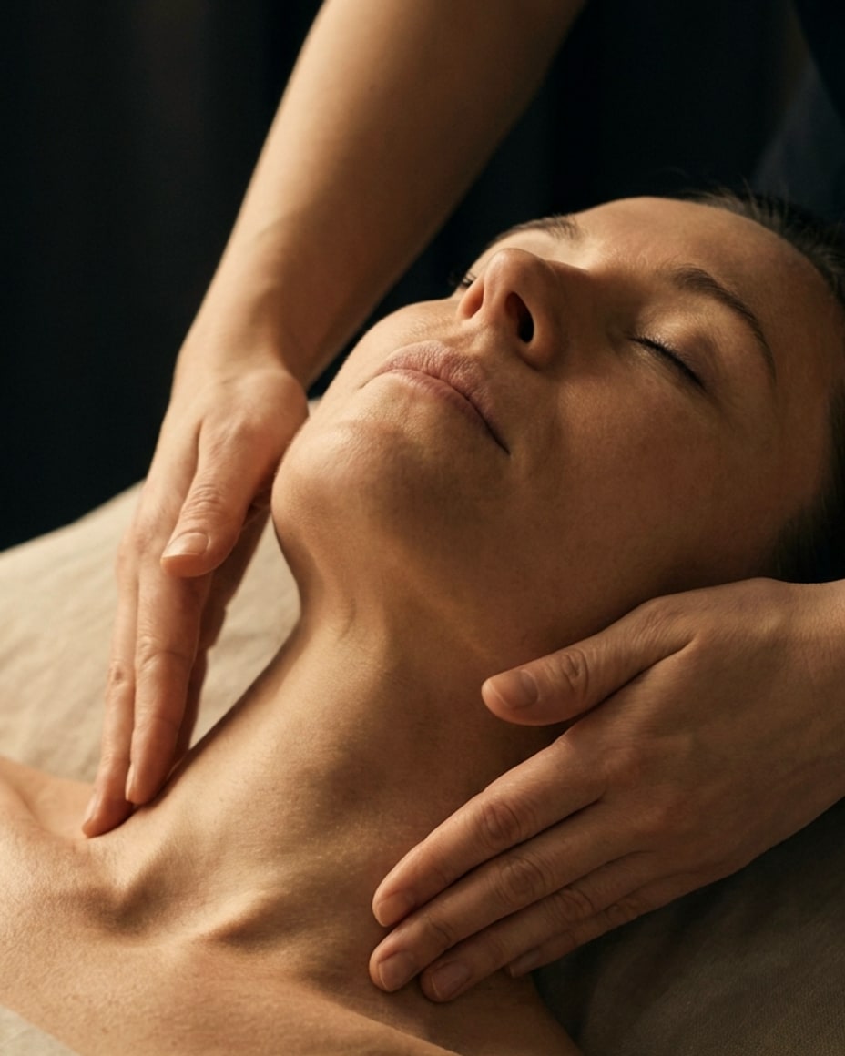 Hands-on work along the neck and décolleté during the Classic Facial at DK Aesthetics Highland Park IL