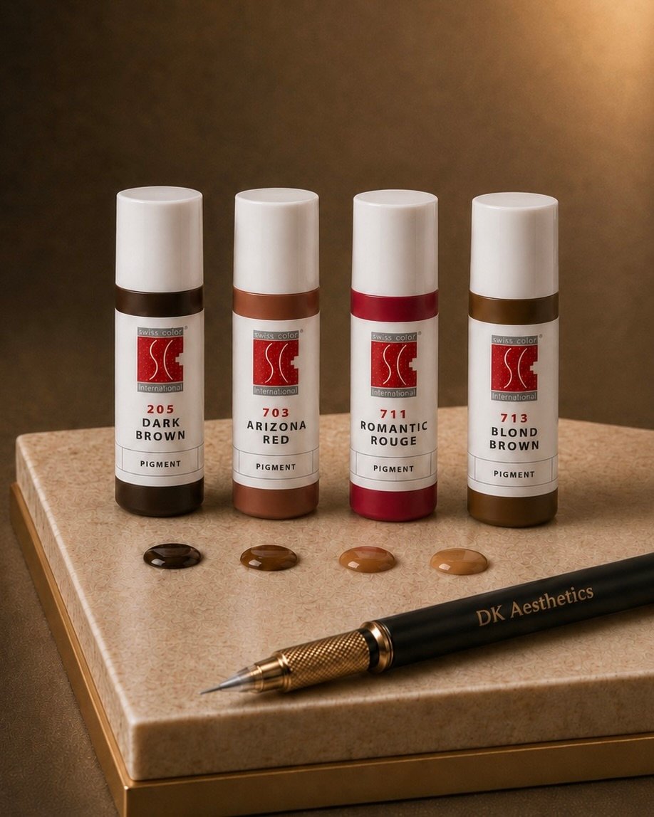 Swiss Color microblading pigments and custom brow mapping at DK Aesthetics Highland Park IL