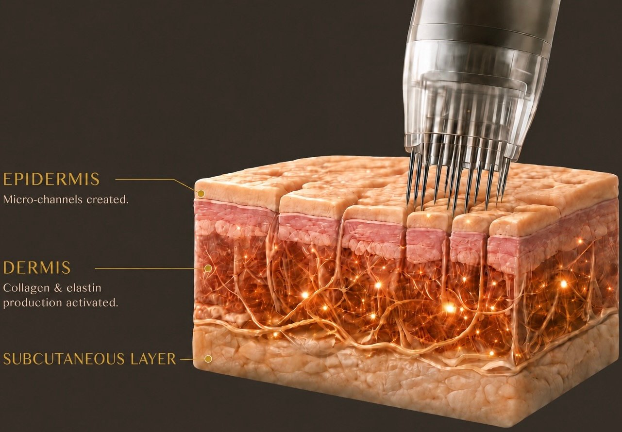 Microneedling device creating micro-channels in a skin cross-section with labeled epidermis, dermis and subcutaneous layers at DK Aesthetics Highland Park IL