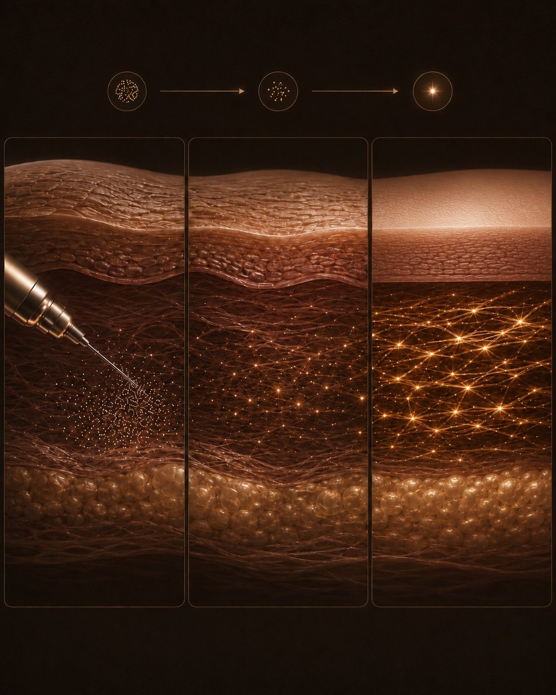 Diagram showing how poly-L-lactic acid (Sculptra) stimulates new collagen beneath the skin for a non-surgical butt lift at DK Aesthetics, Highland Park IL