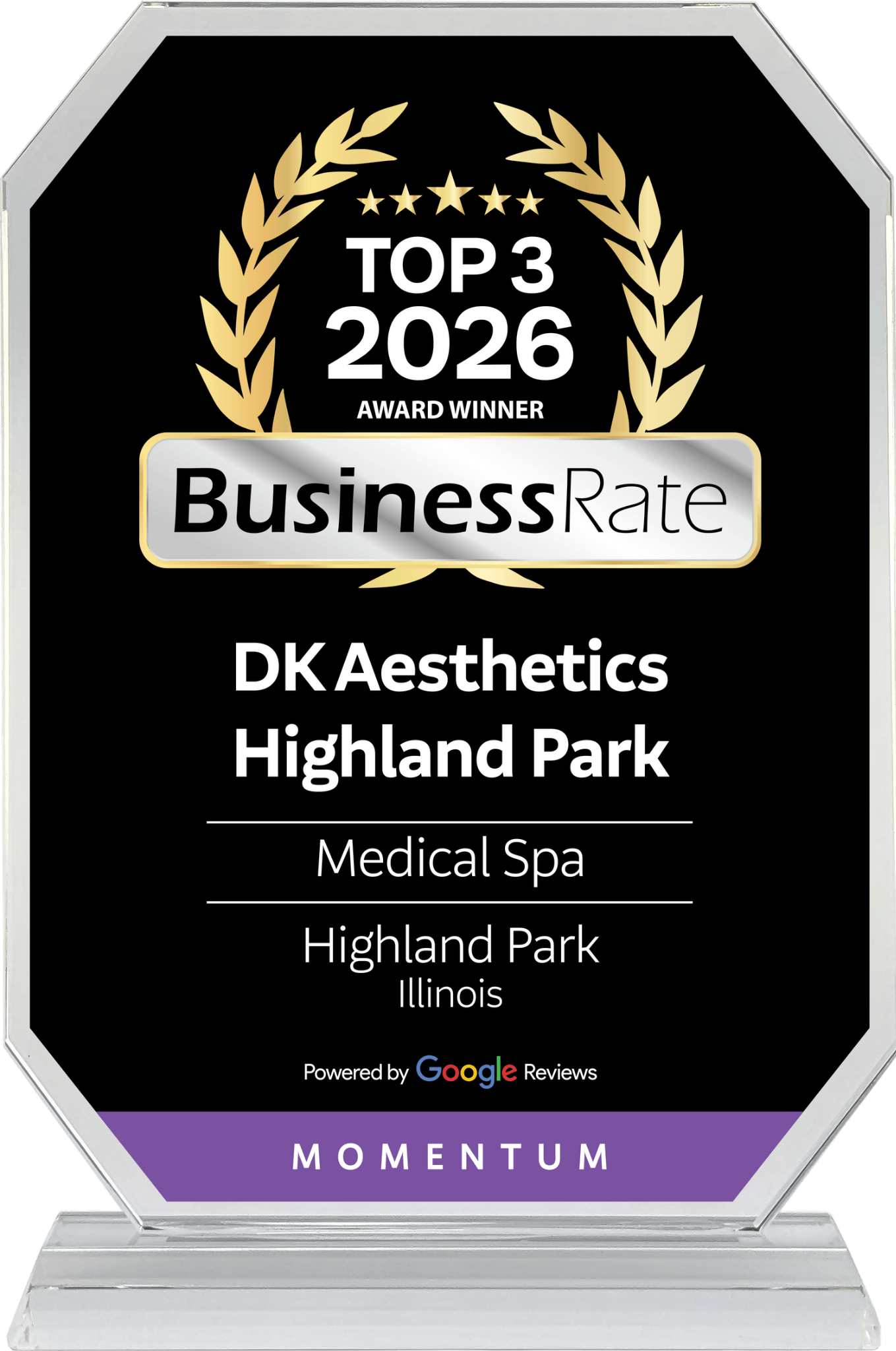 DK Aesthetics — BusinessRate Top 3 Med Spa 2026 award, powered by Google Reviews