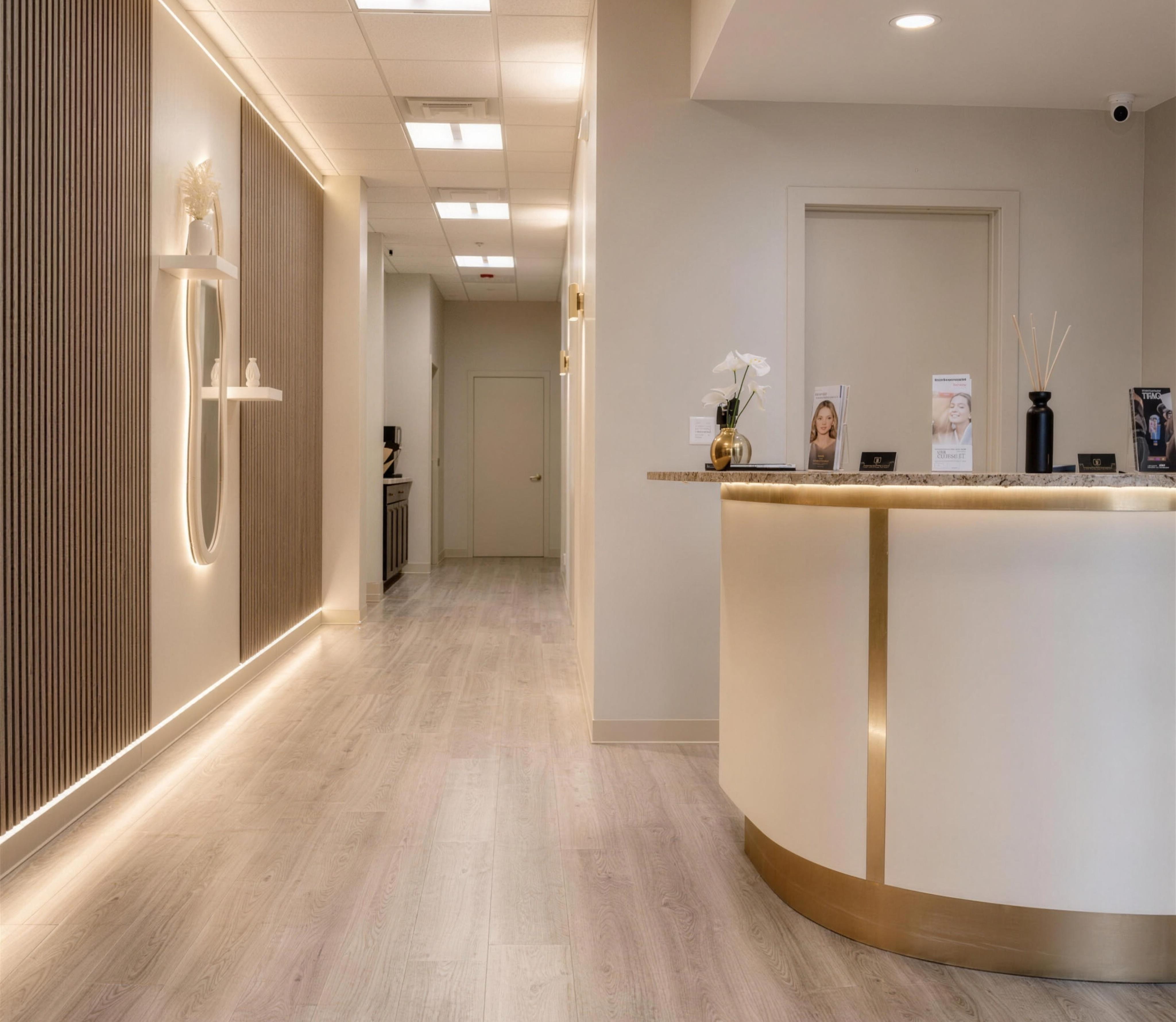 The reception and treatment corridor at DK's Home of Aesthetics, Highland Park IL