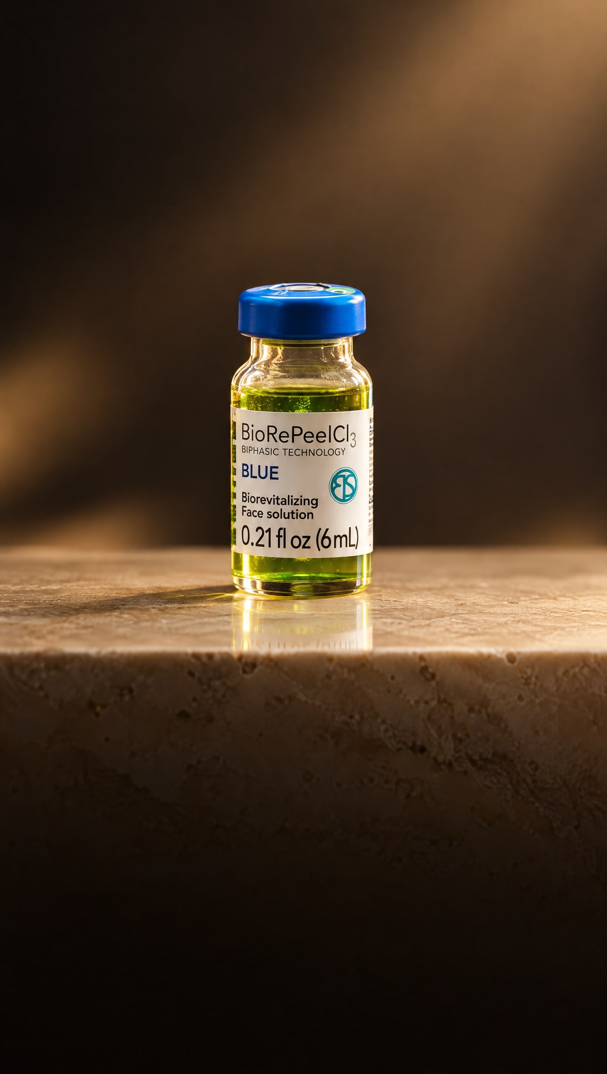 Vial of BioRePeelCl3 BLUE chemical peel at DK Aesthetics, Highland Park, Illinois