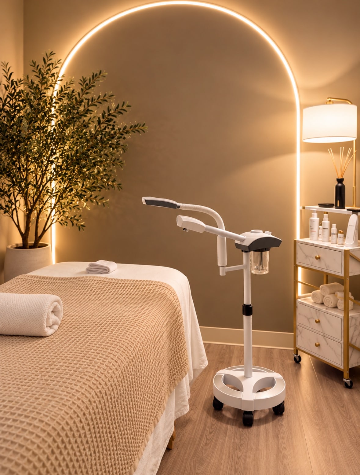 The facial treatment room at DK Aesthetics in Highland Park, Illinois: a softly lit arch, an olive tree and a treatment bed with warm linens